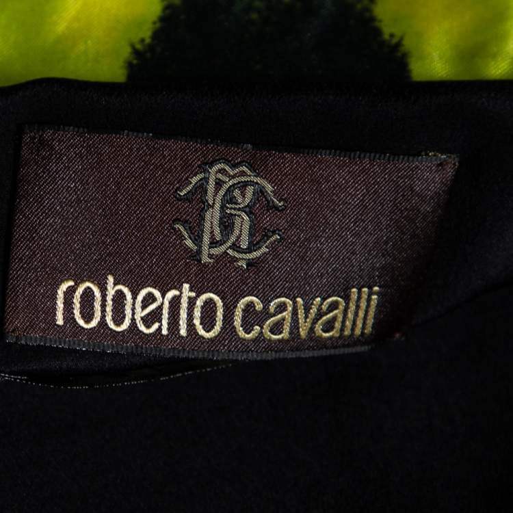 Pre Owned Roberto Cavalli Neon Yellow Printed Silk Pocket Detailed Jacket M 