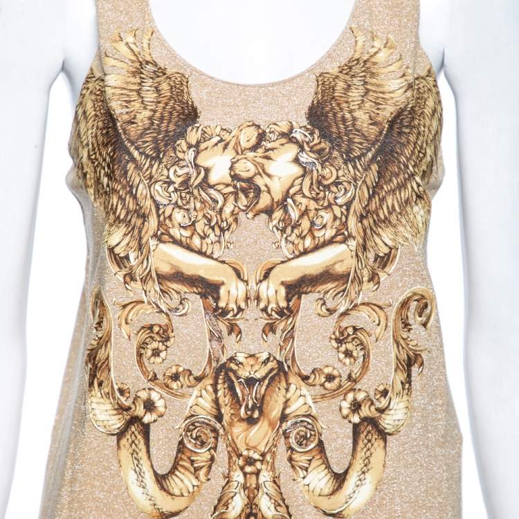 Pre Owned Roberto Cavalli Gold Printed Lurex Knit Racer Back Tank Top M 