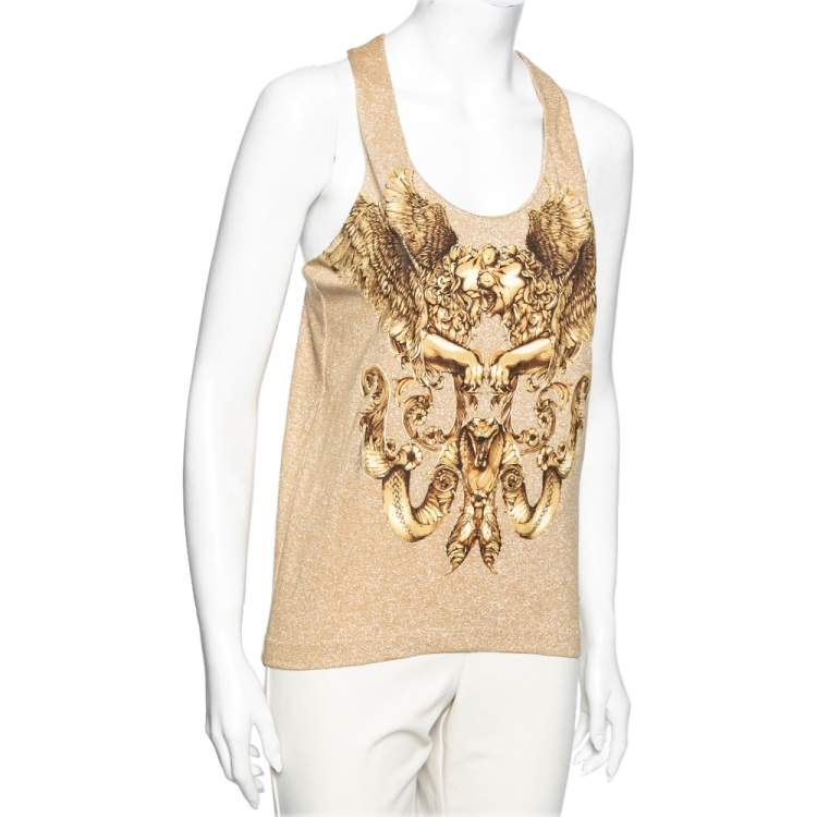 Pre Owned Roberto Cavalli Gold Printed Lurex Knit Racer Back Tank Top M 