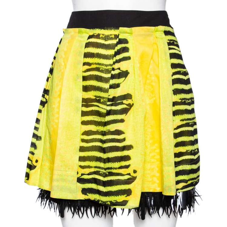 Pre Owned Roberto Cavalli Yellow Printed Cotton Embellished Hem Skirt M 