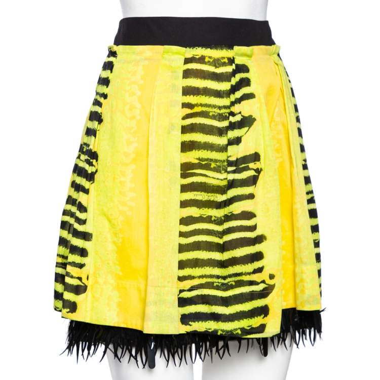 Pre Owned Roberto Cavalli Yellow Printed Cotton Embellished Hem Skirt M 