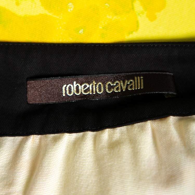 Pre Owned Roberto Cavalli Yellow Printed Cotton Embellished Hem Skirt M 