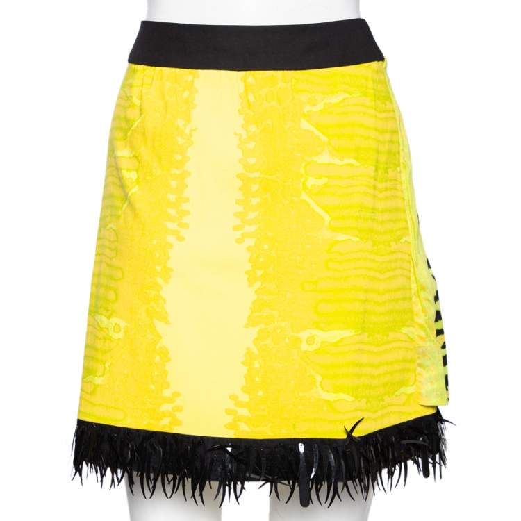 Pre Owned Roberto Cavalli Yellow Printed Cotton Embellished Hem Skirt M 