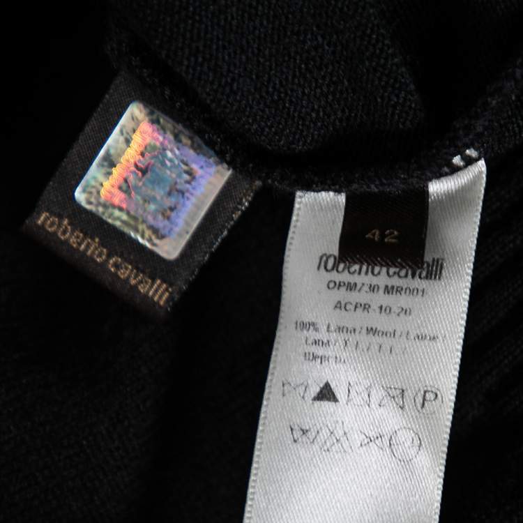 Pre Owned Roberto Cavalli Black Wool Embellished Short Sleeve Sweater M