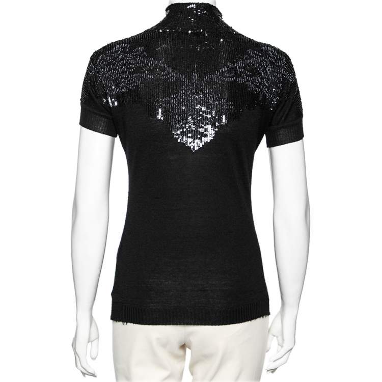 Pre Owned Roberto Cavalli Black Wool Embellished Short Sleeve Sweater M