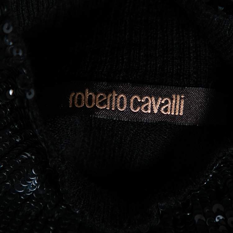 Pre Owned Roberto Cavalli Black Wool Embellished Short Sleeve Sweater M