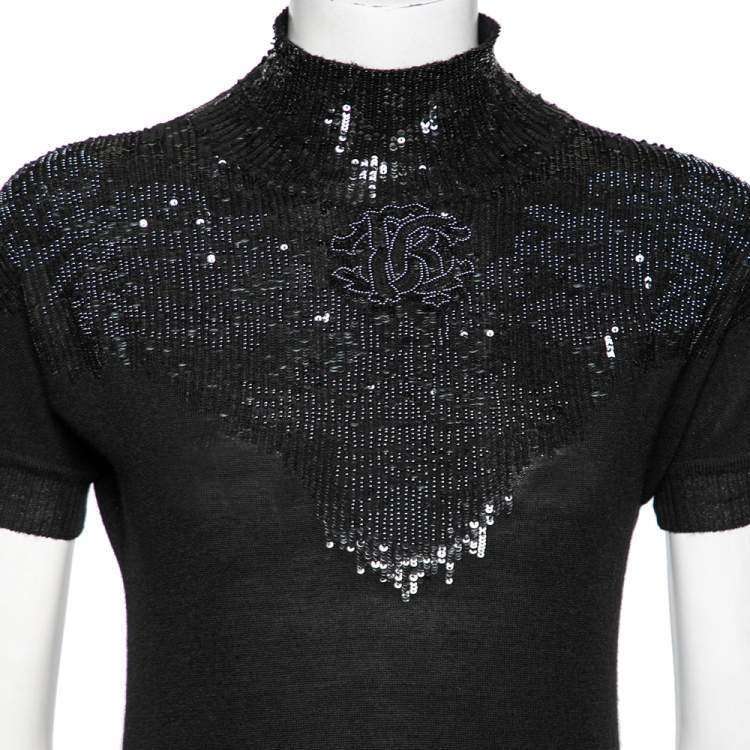 Pre Owned Roberto Cavalli Black Wool Embellished Short Sleeve Sweater M
