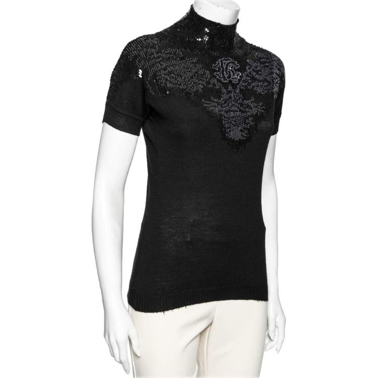 Pre Owned Roberto Cavalli Black Wool Embellished Short Sleeve Sweater M