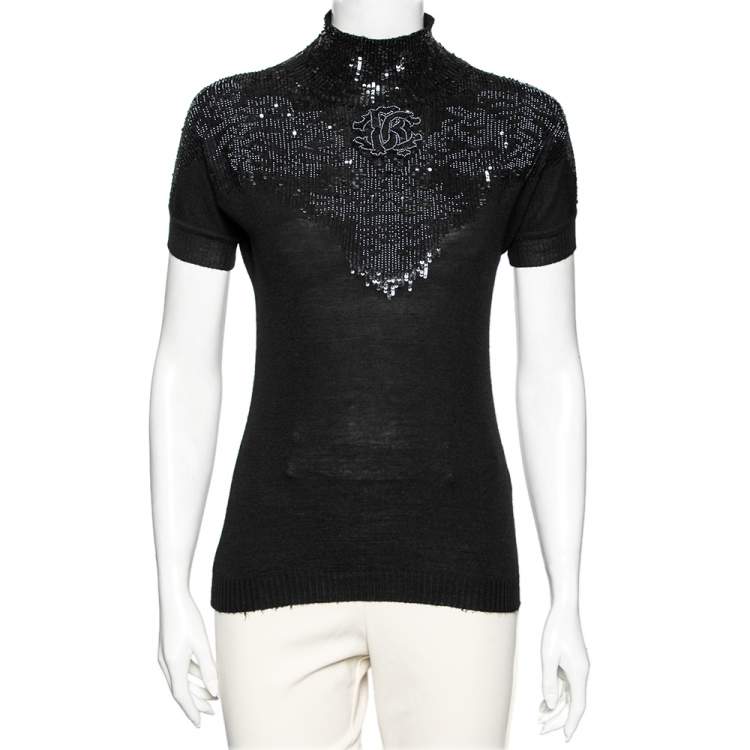 Pre Owned Roberto Cavalli Black Wool Embellished Short Sleeve Sweater M