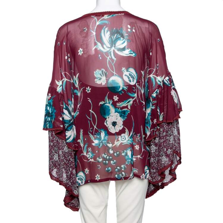 مملوكة مسبقًا Roberto Cavalli Purple Floral Printed Silk Kaftan Top M