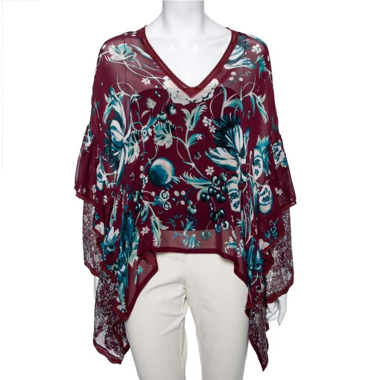 مملوكة مسبقًا Roberto Cavalli Purple Floral Printed Silk Kaftan Top M