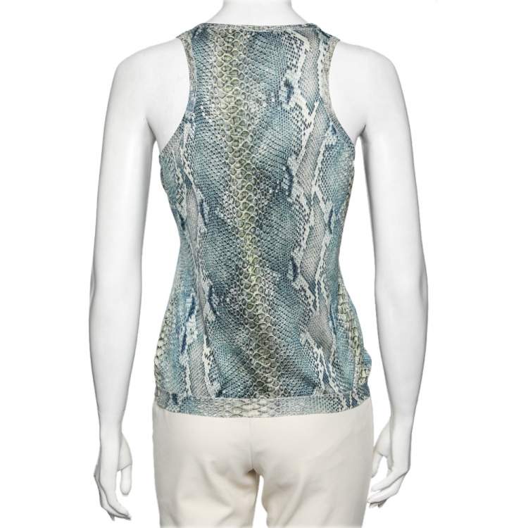 Pre Owned Roberto Cavalli Blue Snake Print Silk Knit Tank Top M