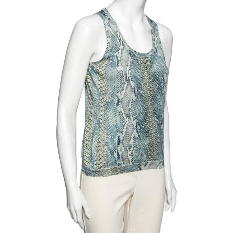 Pre Owned Roberto Cavalli Blue Snake Print Silk Knit Tank Top M