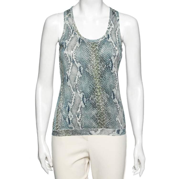 Pre Owned Roberto Cavalli Blue Snake Print Silk Knit Tank Top M
