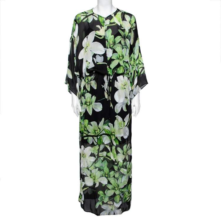 Pre Owned Roberto Cavalli Black and Green Floral Printed Kimono Sleeve Slit Detailed Dress S