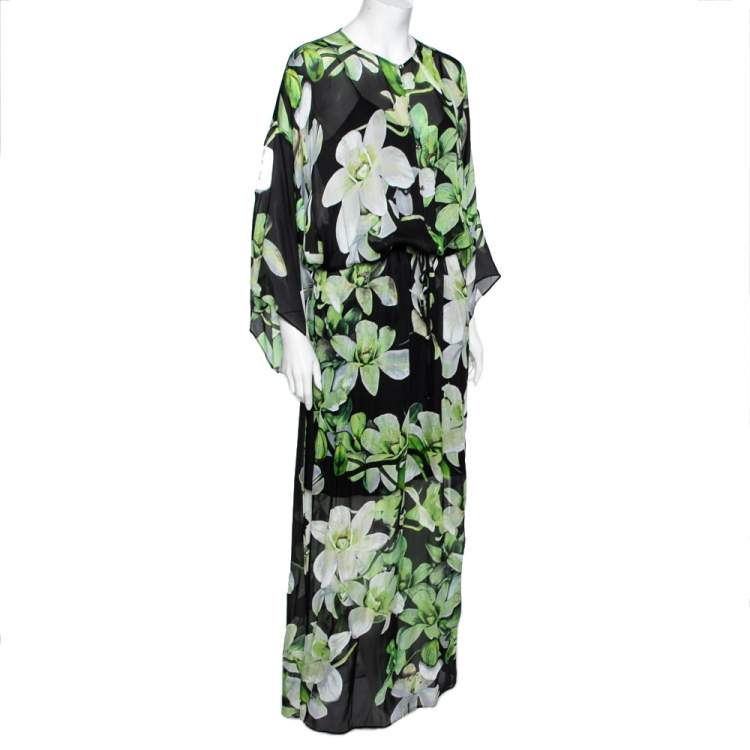 Pre Owned Roberto Cavalli Black and Green Floral Printed Kimono Sleeve Slit Detailed Dress S