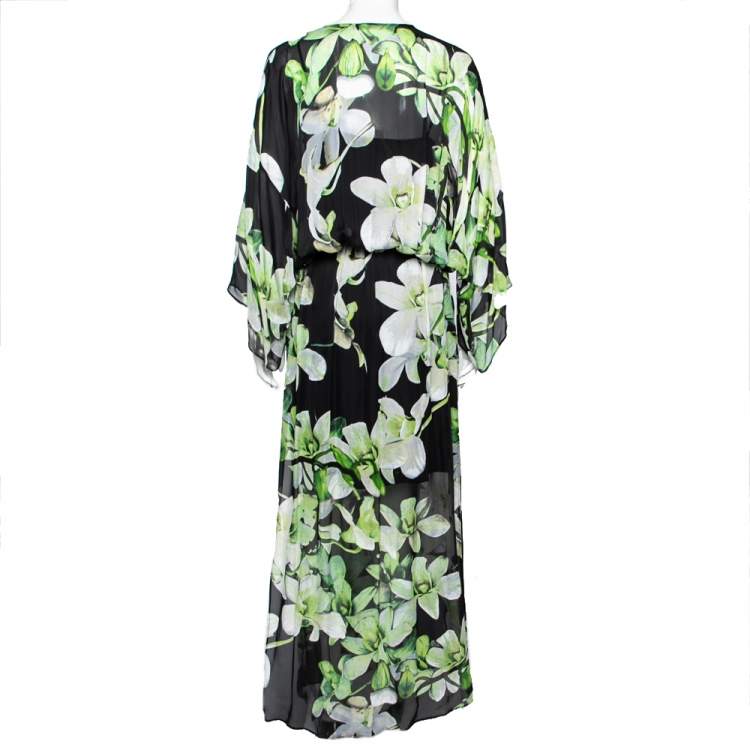 Pre Owned Roberto Cavalli Black and Green Floral Printed Kimono Sleeve Slit Detailed Dress S