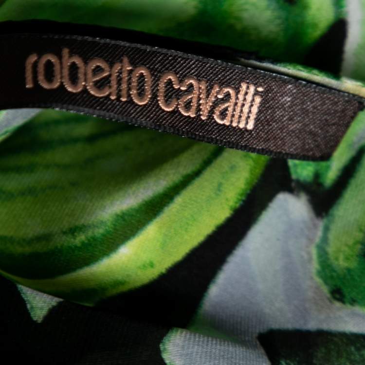 Pre Owned Roberto Cavalli Black and Green Floral Printed Kimono Sleeve Slit Detailed Dress S
