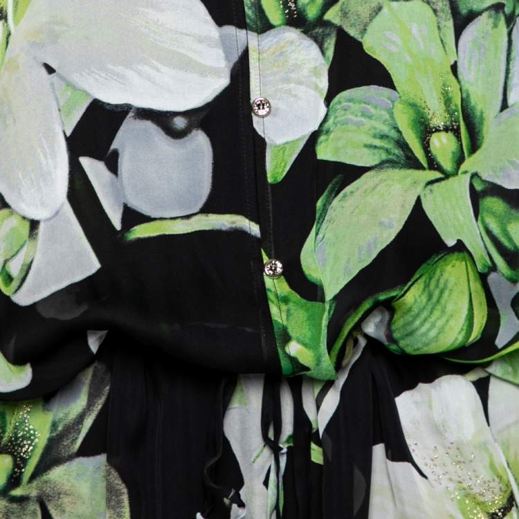 Pre Owned Roberto Cavalli Black and Green Floral Printed Kimono Sleeve Slit Detailed Dress S