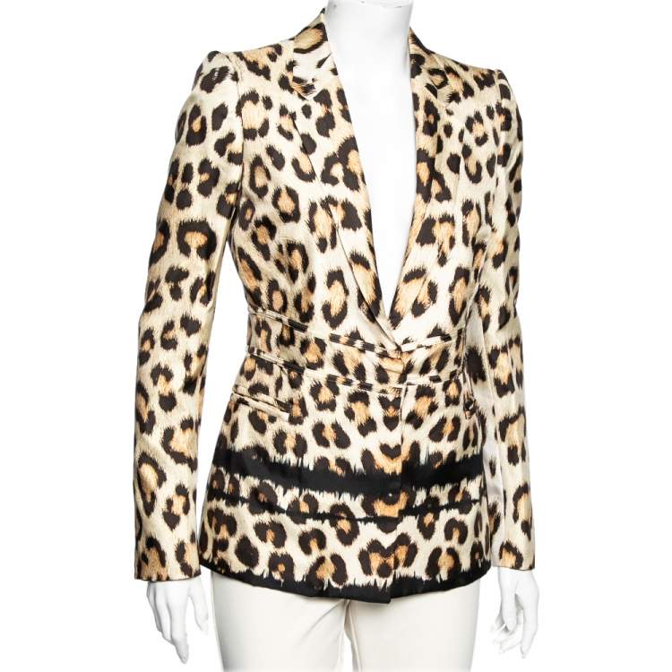Pre Owned Roberto Cavalli Beige Animal Printed Silk Single Breasted Blazer M
