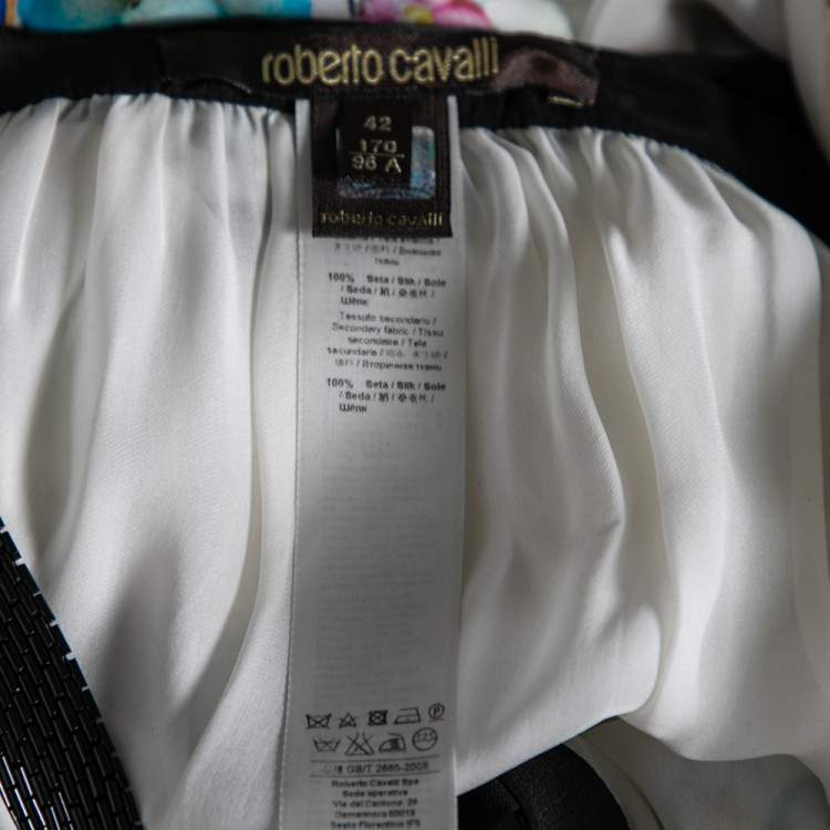 Pre Owned Roberto Cavalli White Floral Printed Silk  Beaded Neckline Belted Kaftan Dress M