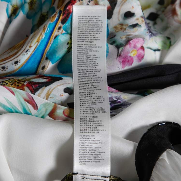 Pre Owned Roberto Cavalli White Floral Printed Silk  Beaded Neckline Belted Kaftan Dress M