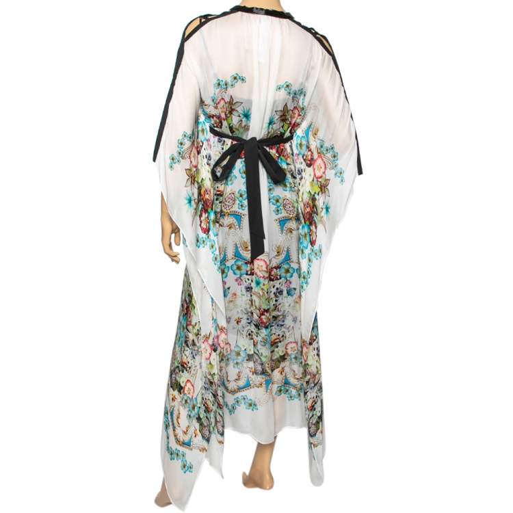 Pre Owned Roberto Cavalli White Floral Printed Silk  Beaded Neckline Belted Kaftan Dress M