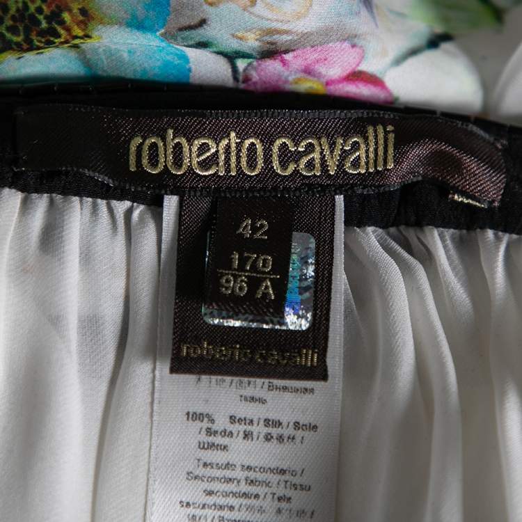 Pre Owned Roberto Cavalli White Floral Printed Silk  Beaded Neckline Belted Kaftan Dress M