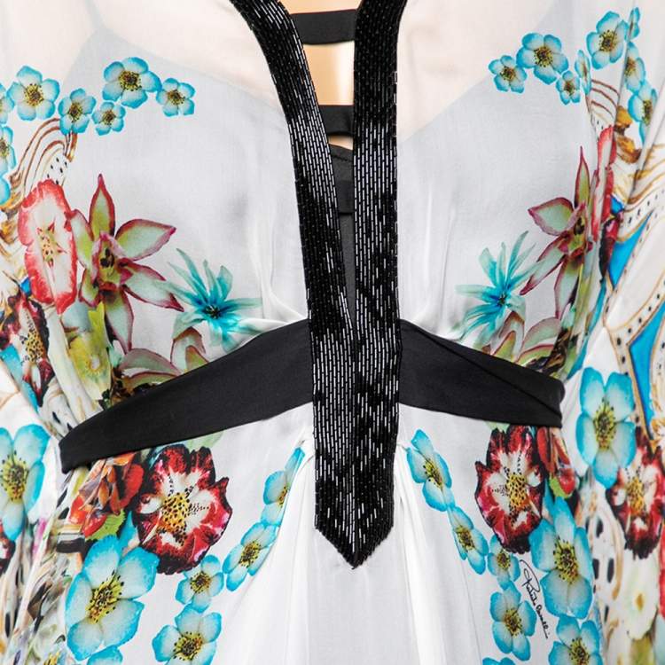 Pre Owned Roberto Cavalli White Floral Printed Silk  Beaded Neckline Belted Kaftan Dress M