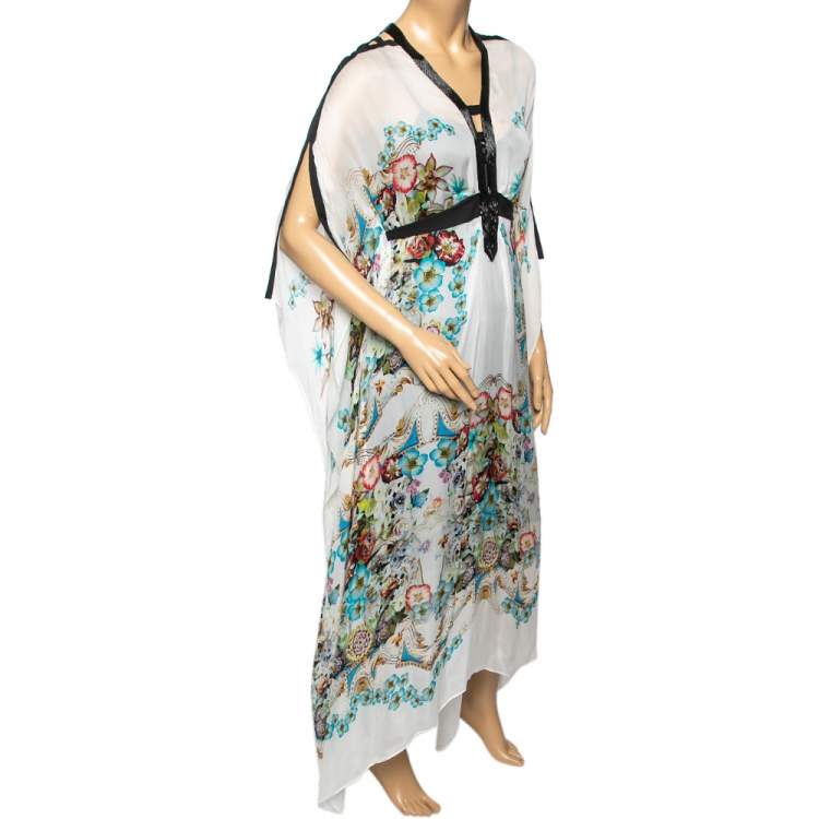 Pre Owned Roberto Cavalli White Floral Printed Silk  Beaded Neckline Belted Kaftan Dress M