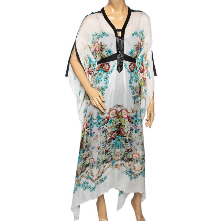 Pre Owned Roberto Cavalli White Floral Printed Silk  Beaded Neckline Belted Kaftan Dress M