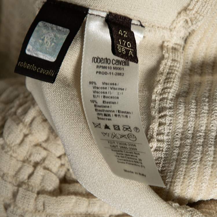 Pre Owned Roberto Cavalli Beige Knit Eyelet Detailed Ruffle Trimmed Dress M 