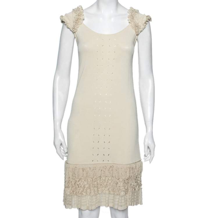 Pre Owned Roberto Cavalli Beige Knit Eyelet Detailed Ruffle Trimmed Dress M 