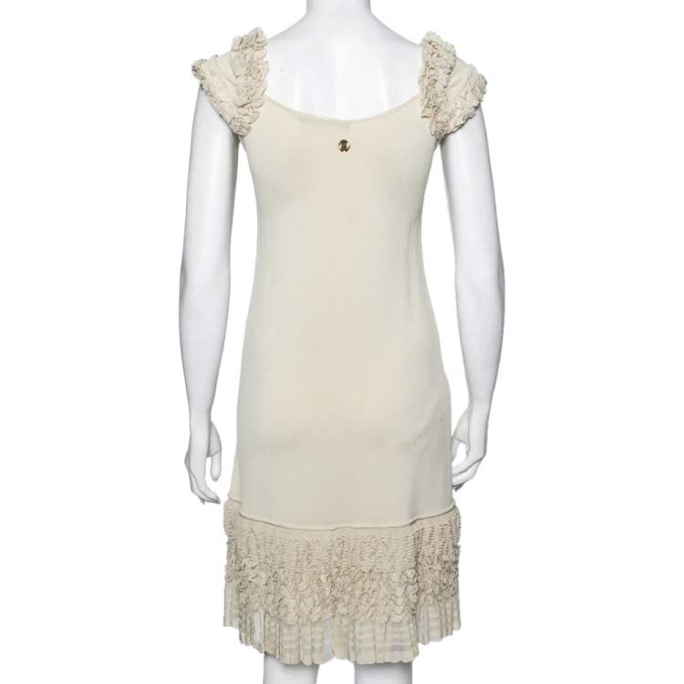 Pre Owned Roberto Cavalli Beige Knit Eyelet Detailed Ruffle Trimmed Dress M 