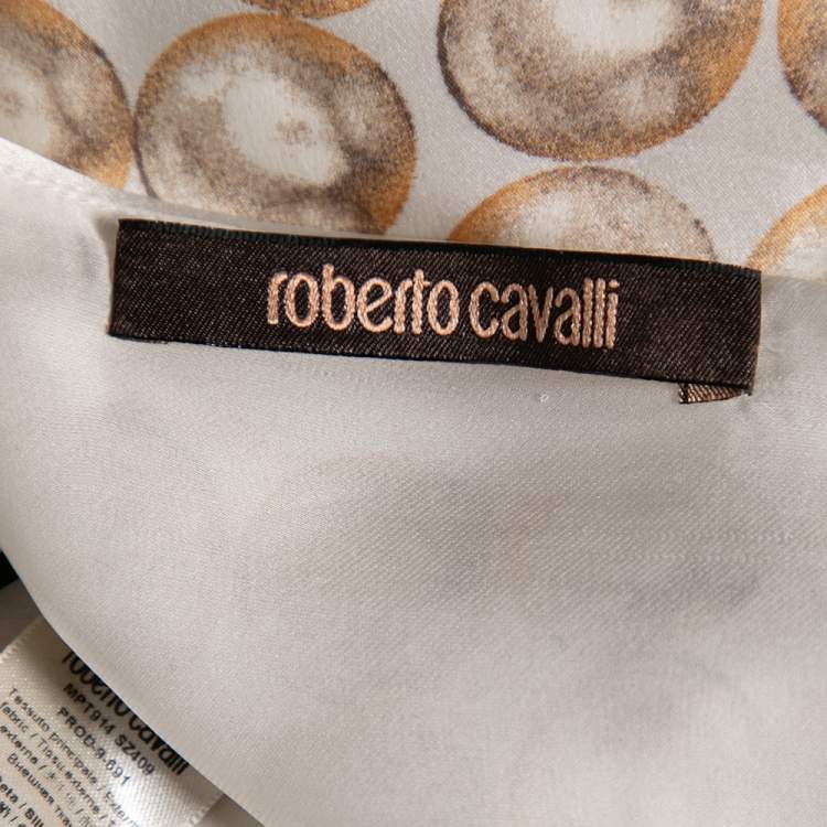Pre Owned Roberto Cavalli White Printed Silk Pleated Halter Neck Slit Detailed Flared Dress M