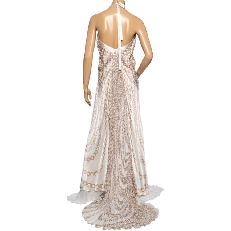 Pre Owned Roberto Cavalli White Printed Silk Pleated Halter Neck Slit Detailed Flared Dress M