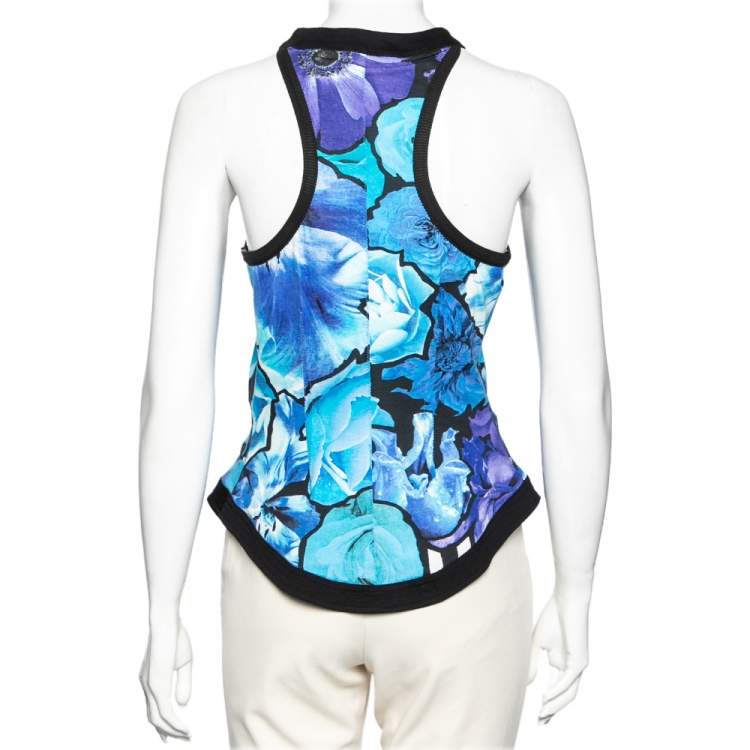 Pre Owned Roberto Cavalli Blue Printed Cotton Net Detailed Tank Top M