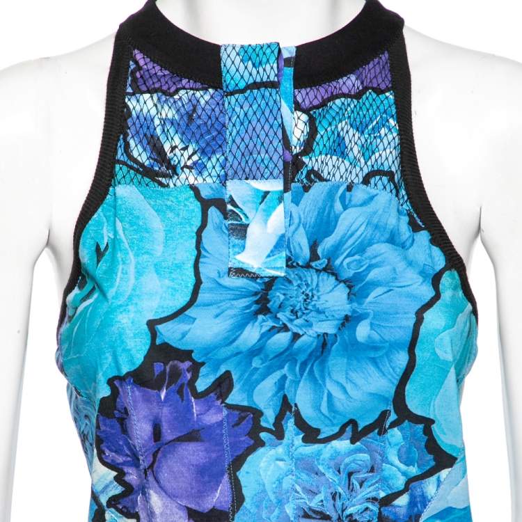Pre Owned Roberto Cavalli Blue Printed Cotton Net Detailed Tank Top M