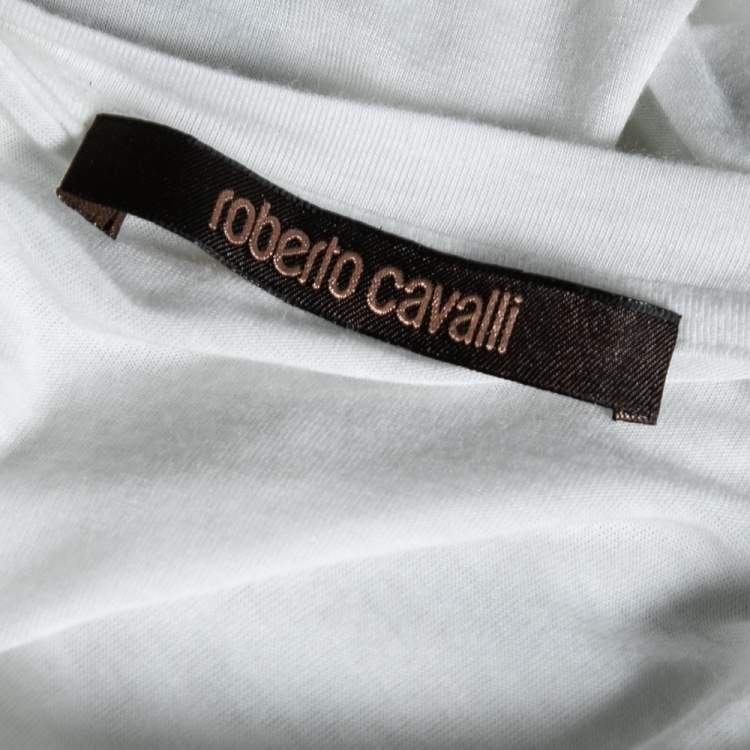 مملوكة مسبقًا Roberto Cavalli White Flocked Logo Printed Bamboo Knit T-Shirt M 