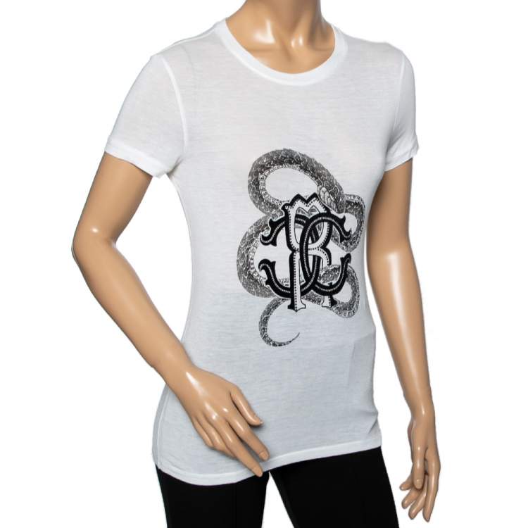 مملوكة مسبقًا Roberto Cavalli White Flocked Logo Printed Bamboo Knit T-Shirt M 