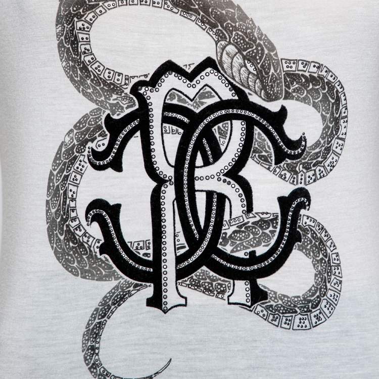 مملوكة مسبقًا Roberto Cavalli White Flocked Logo Printed Bamboo Knit T-Shirt M 