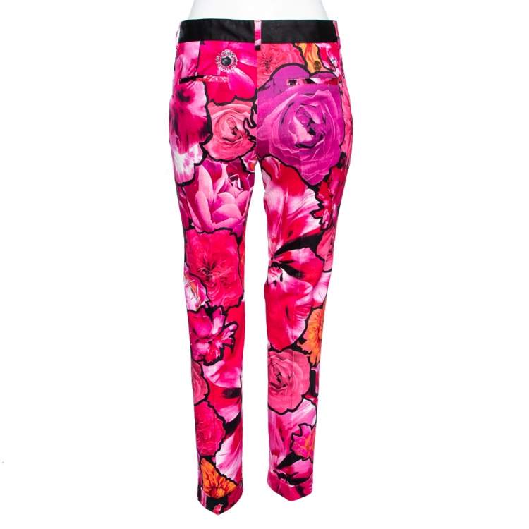 Pre Owned Roberto Cavalli Pink Floral Print Stretch Cotton Pants M