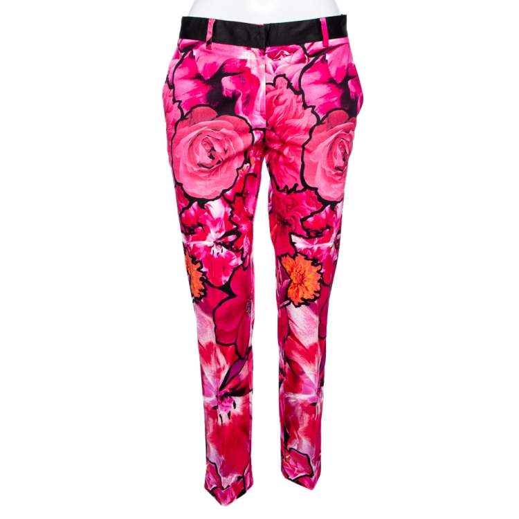 Pre Owned Roberto Cavalli Pink Floral Print Stretch Cotton Pants M