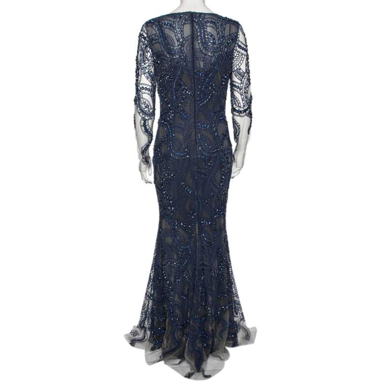Pre Owned Roberto Cavalli Blue Embroidered Crystal Embellished Tulle Cocktail Dress M