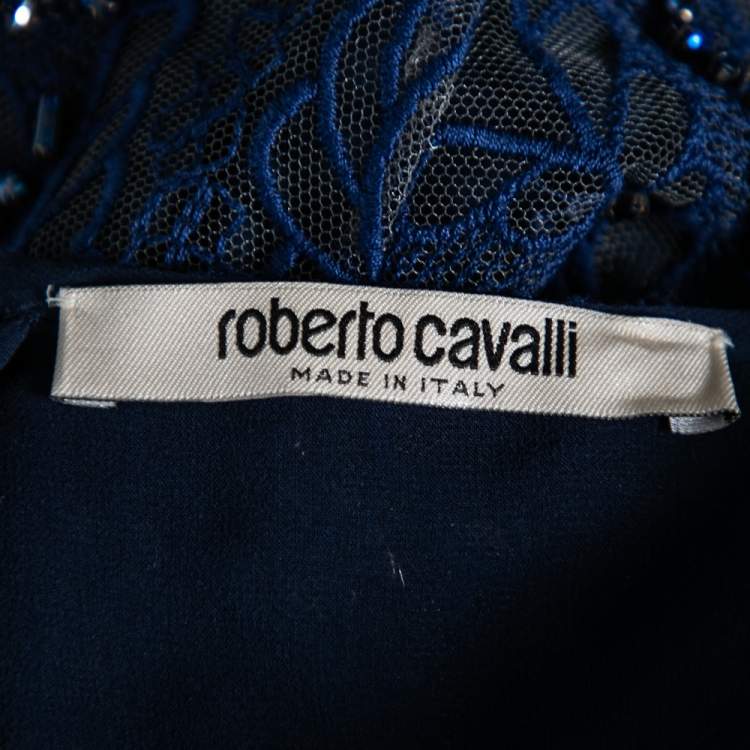 Pre Owned Roberto Cavalli Blue Embroidered Crystal Embellished Tulle Cocktail Dress M