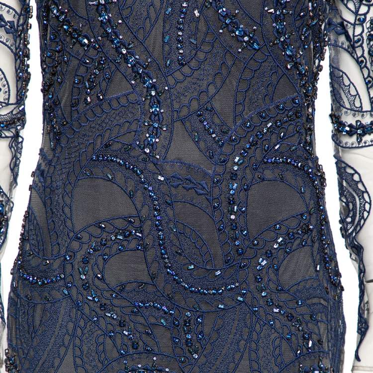 Pre Owned Roberto Cavalli Blue Embroidered Crystal Embellished Tulle Cocktail Dress M
