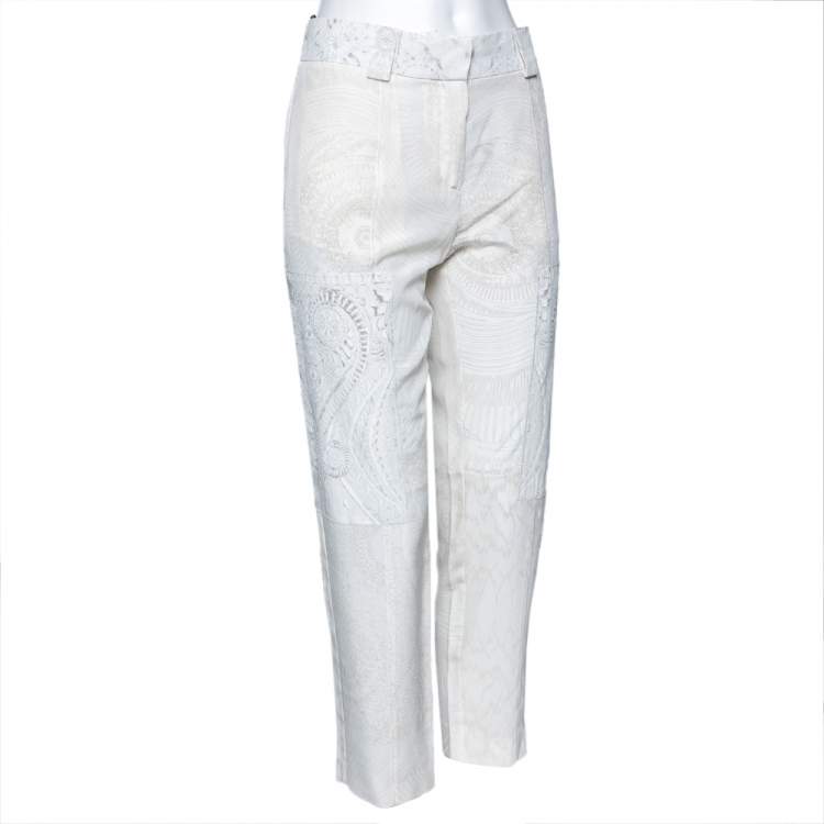 Pre Owned Roberto Cavalli Off White Printed Silk Patched Tapered Trousers M