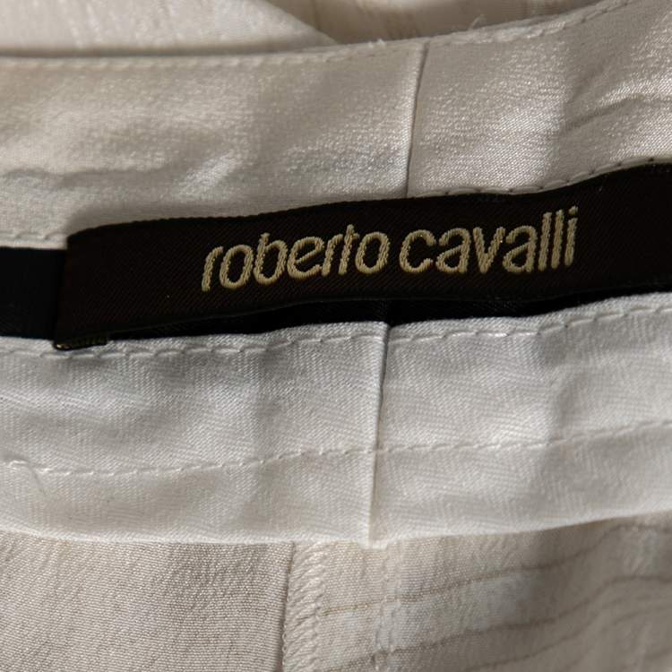Pre Owned Roberto Cavalli Off White Printed Silk Patched Tapered Trousers M
