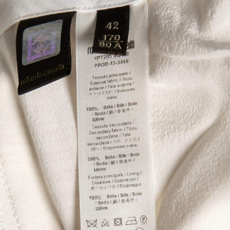 Pre Owned Roberto Cavalli Off White Printed Silk Patched Tapered Trousers M