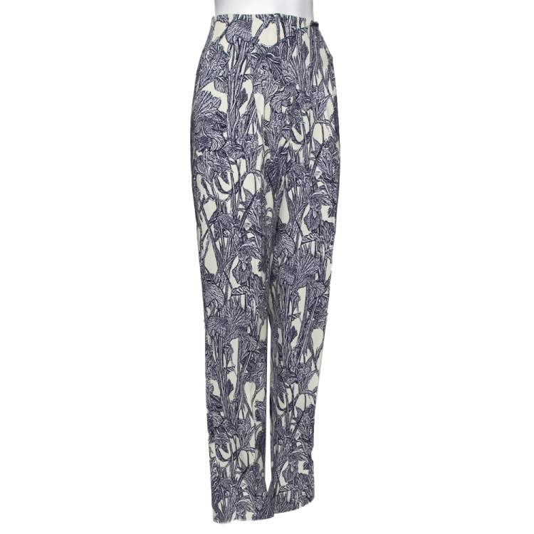 Pre Owned Roberto Cavalli Cream Printed Crepe High Waist Trousers S